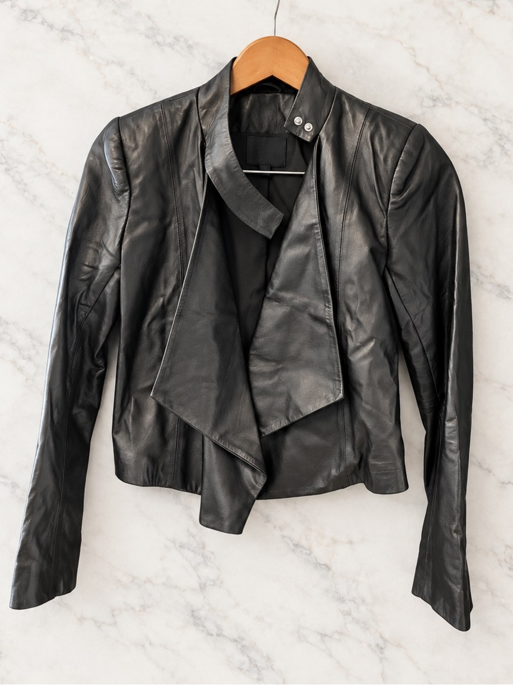 INTERMIX Dark Brown Faux Leather Cropped Draped Snap Neck Moto Jacket Petite XS
